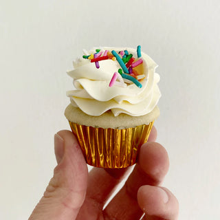 Mini vanilla cupcake with swiss meringue buttercream and colourful sprinkles.